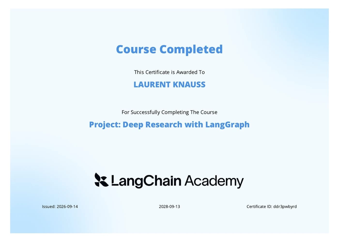LangChain Academy — Deep Research with LangGraph certificate (LAURENT KNAUSS)